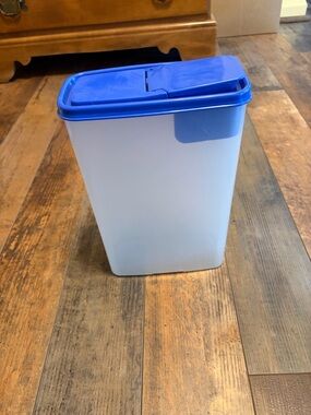Buddeez cereal container with blue lid 11” tall 7” wide